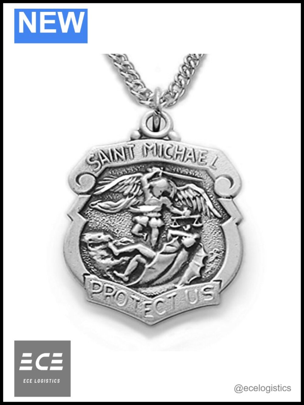 Sterling Silver St Michael Pendant 20" Chain Necklace Religious Jewelry